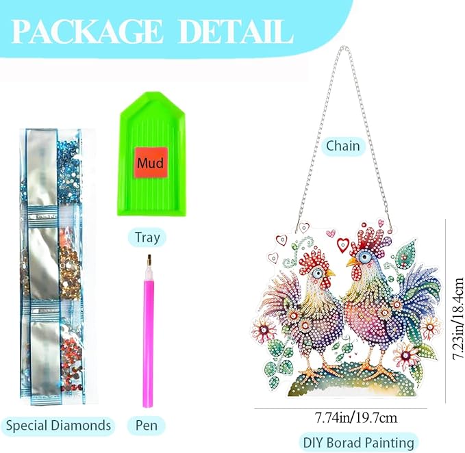 GUMITOON Diamond Art Kits for Adults Ornaments-Chicken Diamond Art Paintings Suncatchers-Full Drill Diamond Dots Paintings for Beginners, Round 5D Paint with Diamonds Art Accessories Gem DIY Deco