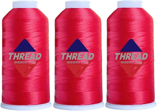 Sissewpro 40WT Machine Embroidery Thread 3 Big Spool (5,000M Each 15,000M Total) – 3 x Red Polyester Embroidery Machine Thread 120D/2 for Commercial & Home Embroidery Machines