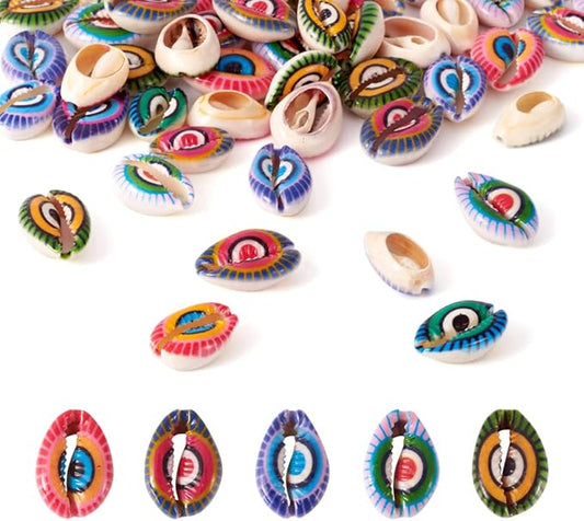 Cheriswelry 100pcs Printed Cowrie Shell Beads Undrilled Colorful Evil Eye Seashells Beach Beads Smooth Cut Oval Shell Beads Charms 20~25mm for DIY Craft Earring Bracelet Necklace Jewelry Making