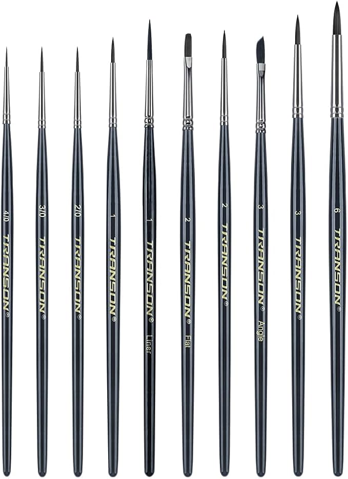 Transon 10pcs Small Detail Miniature Model Painting Brush Set for Acrylic Watercolor Gouache Ink Tempera and Body Painting