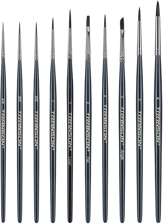 Transon 10pcs Small Detail Miniature Model Painting Brush Set for Acrylic Watercolor Gouache Ink Tempera and Body Painting
