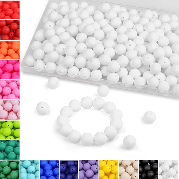 MAIBAOTA 120 Pcs White Silicone Beads - 15 mm Round Beads for Keychain, Pens, Bracelet, Necklace Making - Bulk Craft Kit