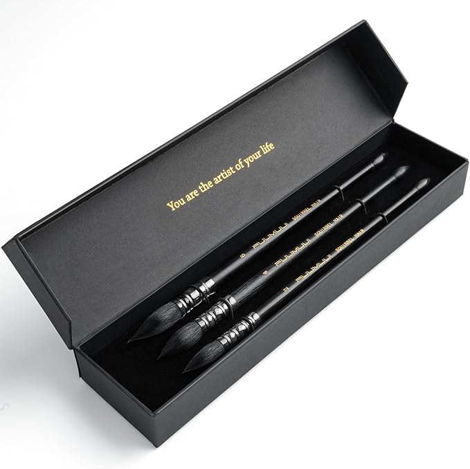 3PCS Squirrel Hair Watercolor Brushes, Fuumuui Professional Mop Round Quill Detail Fine Tip Watercolor Paint Brush Set for Water Color Gouache Ink Painting - Sizes #2, 4, 8