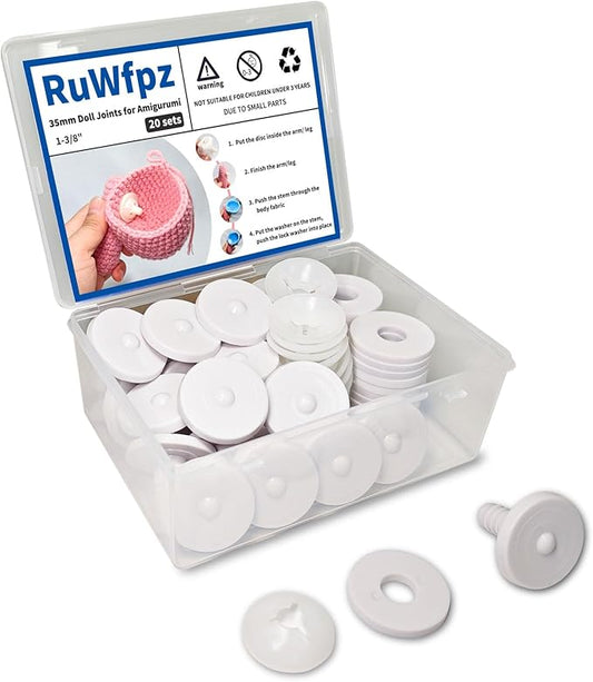 RuWfpz Doll Joints for Amigurumi Crochet 35mm 1-3/8" - 20 Set Jumbo Plastic Toy Safety Joints for Stuffed Animals, White Movable Amigurumi Crafts Teddy Bear Joints for Arm Leg Neck