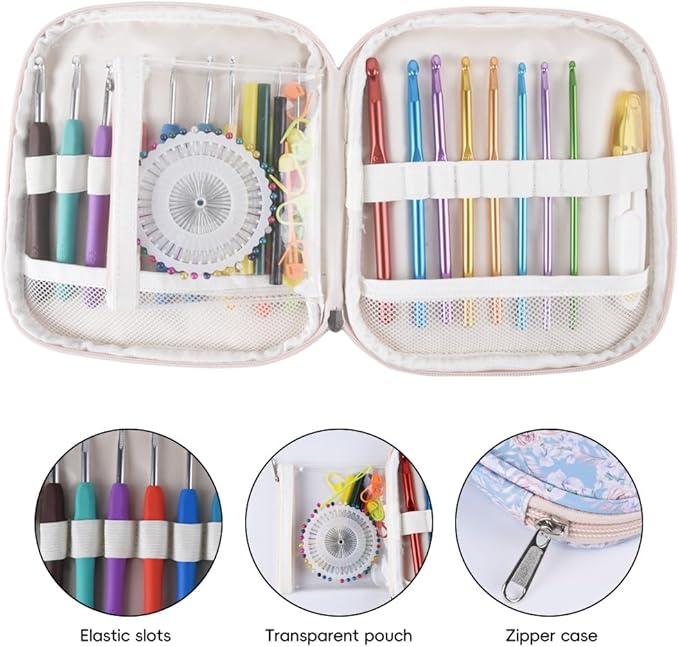 Crochet Hook Case,Portable Zipper Storage Organizer Bag for Crochet Hooks, Knitting Needles, Project & Sewing Supplies, Lightweight,Easy to Hold (No Accessories Included).Sky Blue Rose