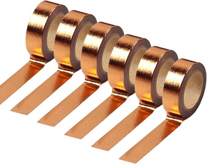 MEI YI TIAN 6 Rolls Solid Copper Gold Foil Washi Tape Set 15mmx10m Bronze Golden Stamping Paper Adhesive Masking Tapes Sticky Paper Tape for DIY Scrapbooking Journals Crafts Art Decoration
