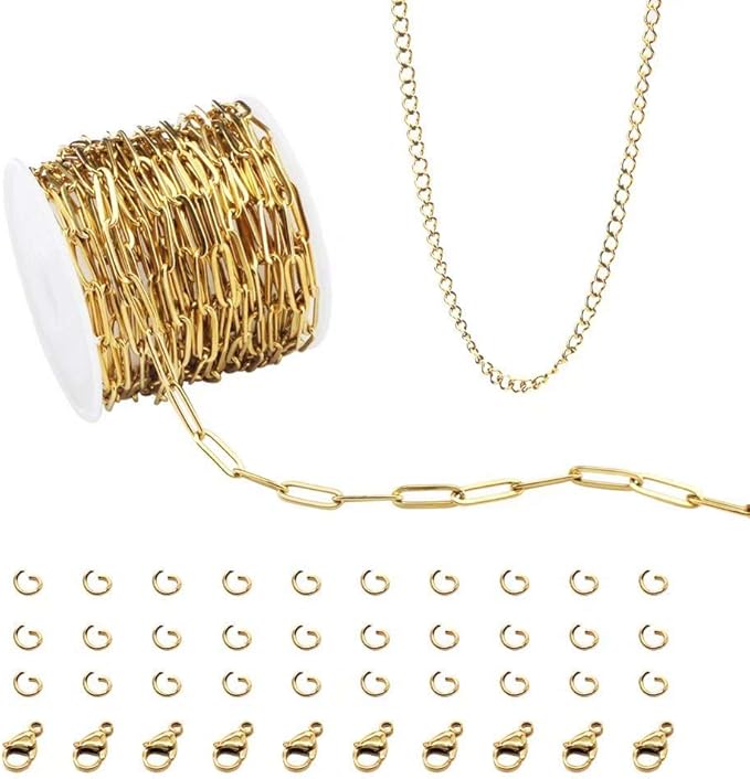 16.4 Feet 18K Gold Plated Stainless Steel Paperclip Chain DIY Jewelry Making Kit for Adults & Teens, Unisex, Gold, Life-Size, Not Foldable