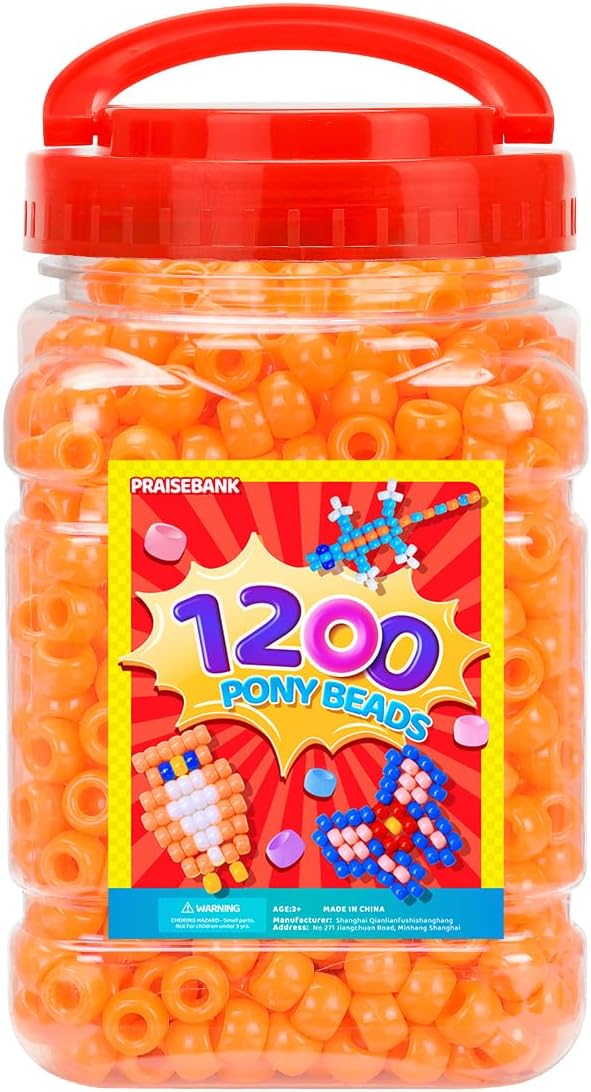 praisebank pony beads, 1200pcs 6x9mm, wholesale beads, bracelets jewelry making, arts & crafts(orange)