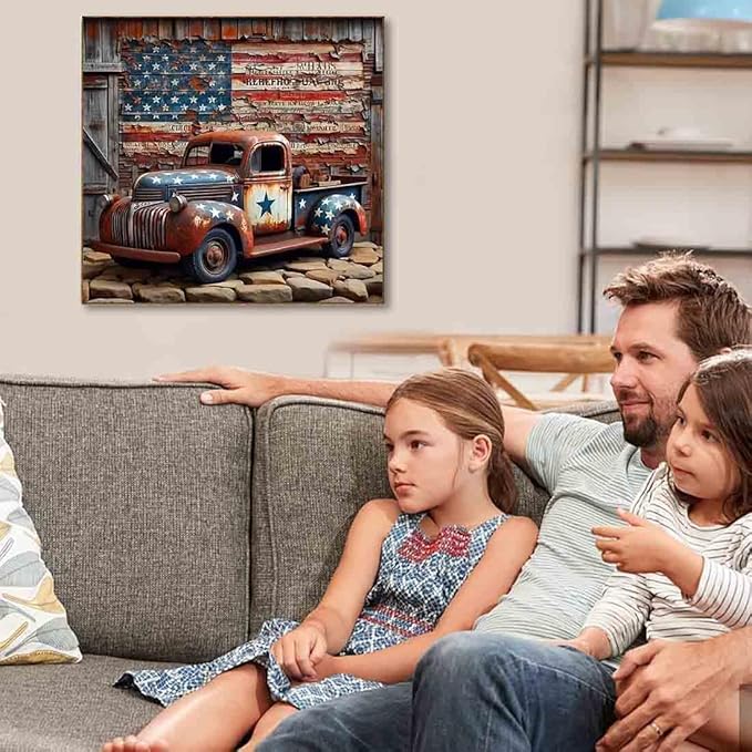 Stamped Cross Stitch Kits for Adults - Truck American Flag Embroidery Kits for Beginners Adults,11 CT Patterns Dimensions Counted Cross Stitch Kits for Arts Craft Kits 14X 14 inch
