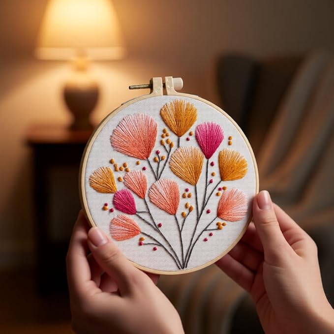 JJFox Embroidery Kit for Beginners and Adults, DIY Hand Embroidery Starter Kit with Cute Pattern, Cross Stitch Needlepoint Set with Hoop, Threads and Instructions (Flower-2)