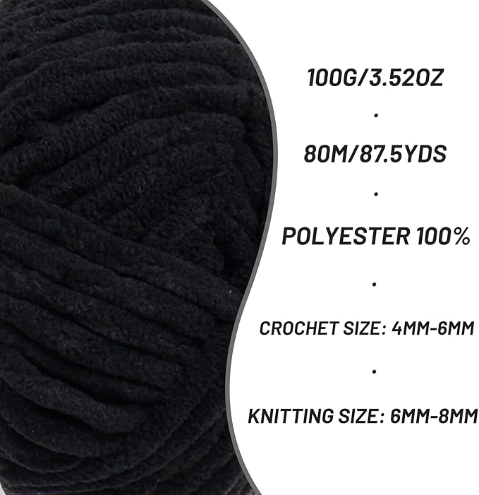 Fluffy Chenille Yarn for Crocheting, Chunky Velvet Yarns for Crochet Amigurumi, Baby Yarn for Crocheting Soft Blanket, 87.4yds /3.5 oz Bulky Yarns for Crafts/Hats/Shoes/Socks (Black)