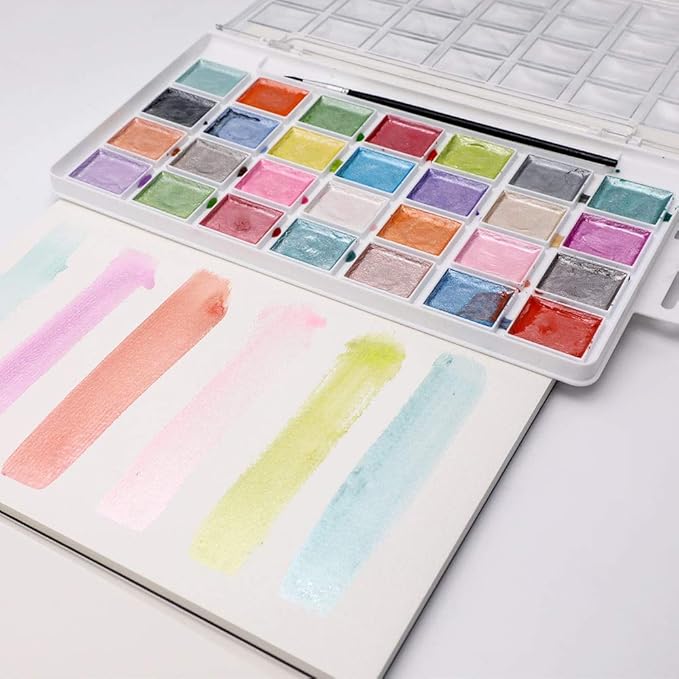 Artecho 28 Metallic Watercolor Paint Set, Glitter Colors, Semi-Moist Pearlescent Water color, Ideal for Beginners and Artists