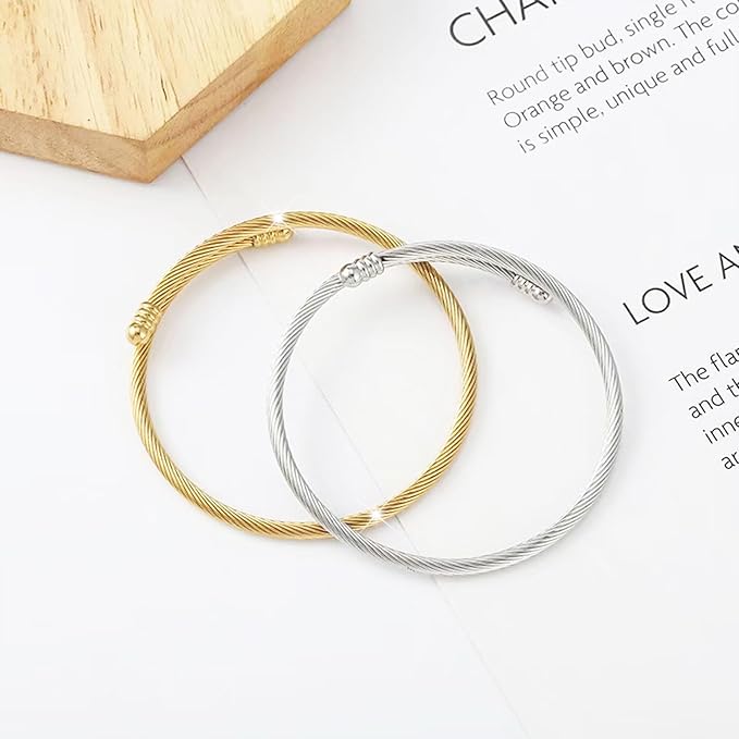 20 Pieces Twisted Cable Wire Bracelet Stylish Fine Stainless Steel Open Cuff Bracelets Mixed 3mm Thin Adjustable Expandable Elastic Bangle Bracelets for Women DIY Jewelry Making Christmas Day Gift