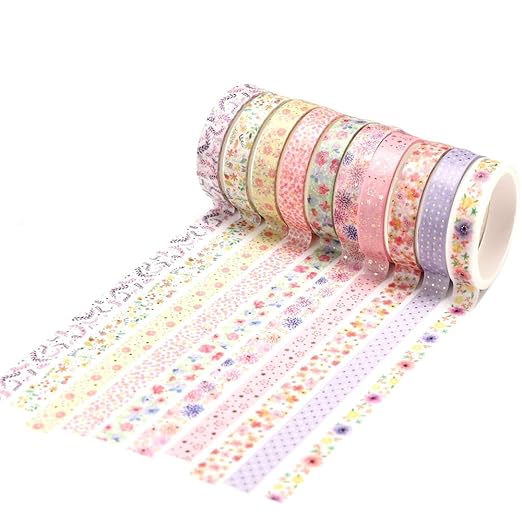 YUBBAEX 10 Rolls Sparkling Washi Tape Set 8mm Skinny Gold Foil Decorative Masking Washi Tapes for Journal,Scrapbook, Planner, DIY Crafts (Beautiful Flowers)