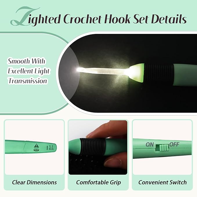 Yarniss Lighted Crochet Hook Set with Case,9 Sizes Crochet Hook Set Glow in Dark with Ergonomic Handles 2.5-6.5 mm,Green