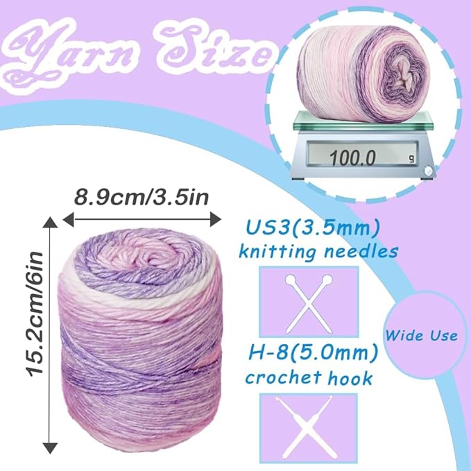 Yarniss Gradient Cake Yarns 4 Pack of 100g(3.52oz), Cake Yarn for Crocheting & Knitting,Soft Cake Rainbow Cotton Yarn for Sweater,Shawl,Scarf-Purple Gradient