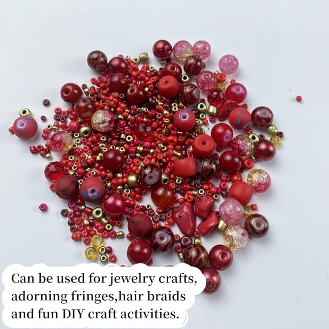 Assorted Glass Resin Beads Multi Size Colors Smooth Cracked Gravel Millet Spacer Beads for Bracelets Necklace Earring DIY Jewelry Making Craft(Red Series)