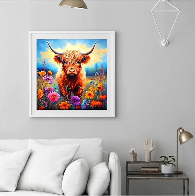 5D Cow Diamond Painting Art Kits for Adults Highland Cow DIY Diamond Painting Round Full Drill Art Craft Kits for Home Wall Decor Gifts 14x14inch