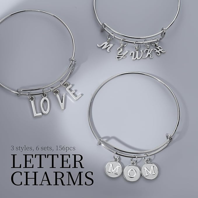 LEOBRO Letter Charms, 376 Pcs Silver Charms for Keychain Making, Bracelet Necklace Charm & Jump Rings, Jewelry Making Supplies, Silver