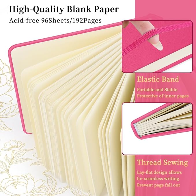 Square 5x5 inches 80gsm 96sheets/192 Pages Notebooks Blank Sketchbooks Travel Journal Pocket Hardcover Paint Writing Diary Memo Planner PU Leather Cover. Rose Pink