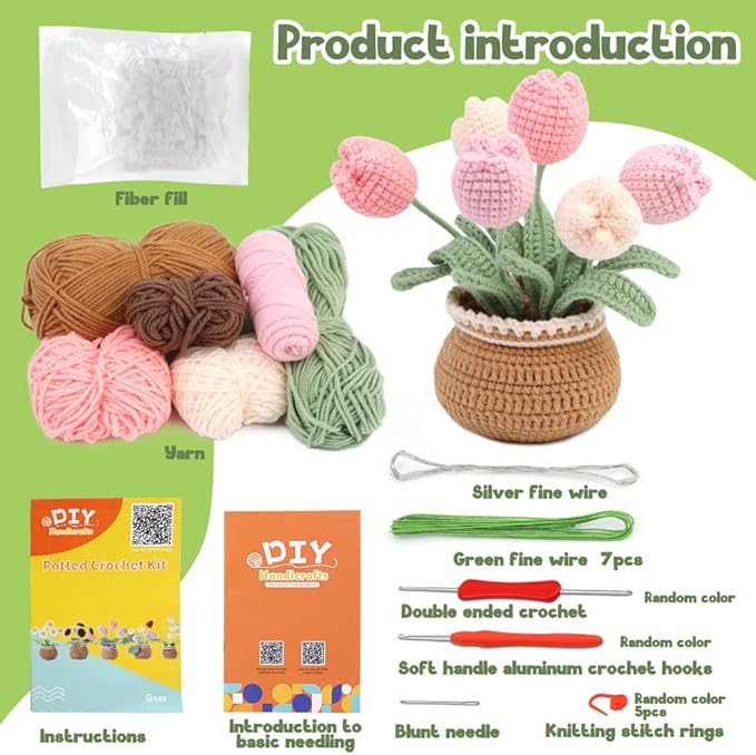 kgxulr Crochet Kit for Beginners, Tulip Crochet Starter Kit Beginner for Complete Beginners Adults, Crocheting Knitting Kit with Step-by-Step Video Tutorials (Tulip)
