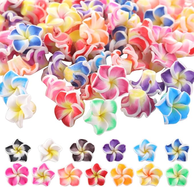SUNNYCLUE 100Pcs Plumeria Beads Polymer Clay Flower Beads Bulk Handmade Hawaiian Plumerias Flowers 12x8mm Flat Back Floral Charms Summer Colorful 3D Loose Spacers for Jewelry Making Beading Kit