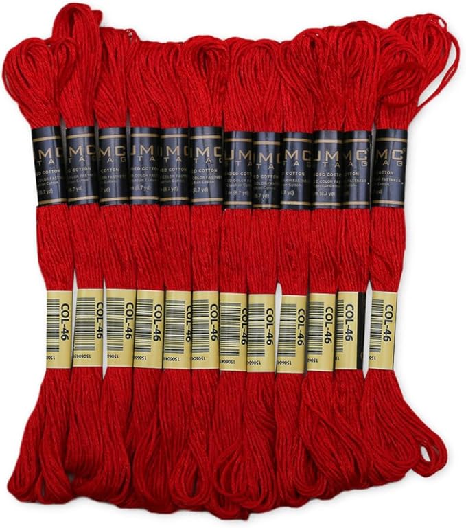 Pack of 12 Red Premium Embroidery Thread | 100% Egyptian Cotton Premium Skeins | Cross Stitch Embroidery Floss | Oeko TEX Certified Stranded Cotton | Ideal for Arts & Crafts (Bright Red 46)