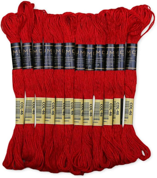 Pack of 12 Red Premium Embroidery Thread | 100% Egyptian Cotton Premium Skeins | Cross Stitch Embroidery Floss | Oeko TEX Certified Stranded Cotton | Ideal for Arts & Crafts (Bright Red 46)