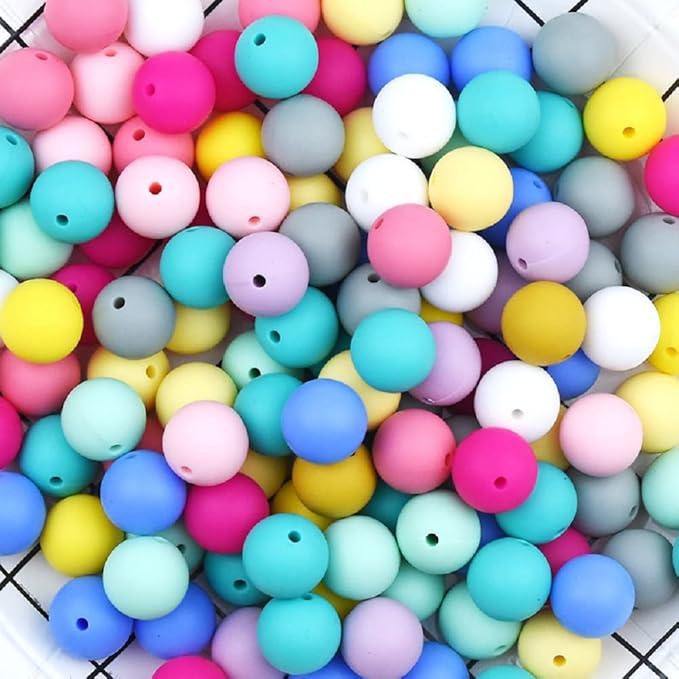 60Pcs 15mm Round Rubber Silicone Bead Bulk Loose Beads Gorgeous Making Kit for Keychain Tassels Necklace Bracelet Jewelry DIY Crafts Making