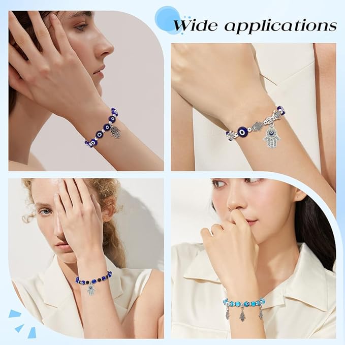 SUNNYCLUE 1 Box 240Pcs 6 String Evil Eye Bracelets Making Kit 8mm/10mm Evil Eye Beads Bulk Lampwork Glass Beads Blue Hamsa Hand Charms for Jewelry Making Kits Women Adults DIY Bracelets Crafts