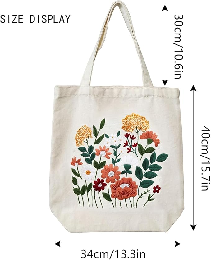 CREAWONDER Canvas Tote Bag Embroidery Kit with Pattern for Beginners, Arts and DIY Embroidery Crafts Kits for Adults, Include Instructions, Thimble, Embroidery Hoops, Color Threads and Tool