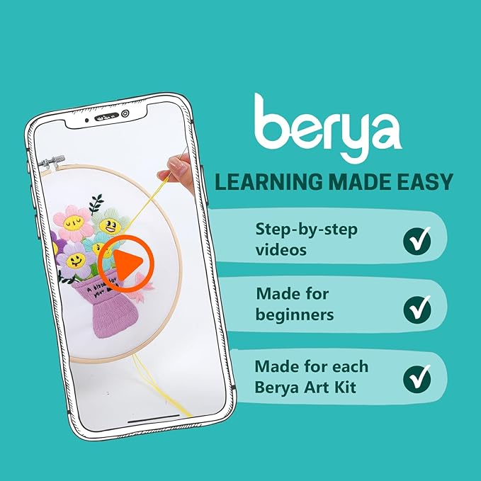 BERYA Embroidery Kit for Adult Beginners, Funny Flower Embroidery Kit with Step-by-Step Instructions & Video, Printed Cloth, 7.87" Hoop, Display Stand, Color Threads and Tools for Craft Lover(BEF021)