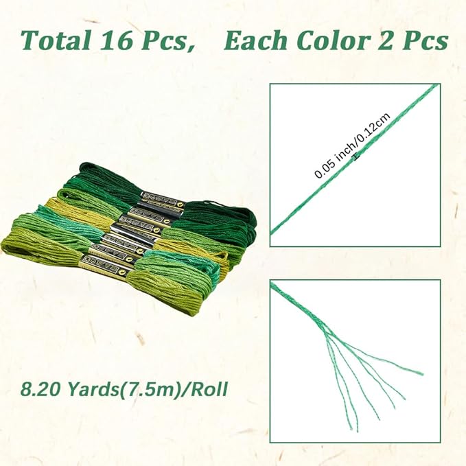 16 Skeins 131 Yards Embroidery Thread Friendship Bracelets String Cross Stitch Threads Cotton Floss Yarn DIY 6 Ply 1.2mm for Making Sewing Needlework Knitting Stitching Craft Supply Green