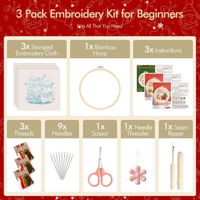 christmas embroidery kits: 3 pack cross stitch kit for beginners adults, diy ornaments craft kit with all tools & instructions, stamped hand embroidery starter kit for holiday crafts & xmas home decor