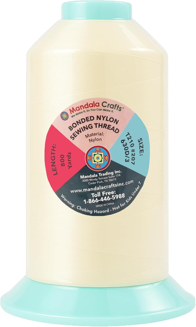 Mandala Crafts Size 207 630D T210 Bonded Nylon Thread - Ivory 800 YDs Tex 210 Heavy Duty Sewing Threads for Leather, Jeans, Weaving, Outdoor Marine Upholstery