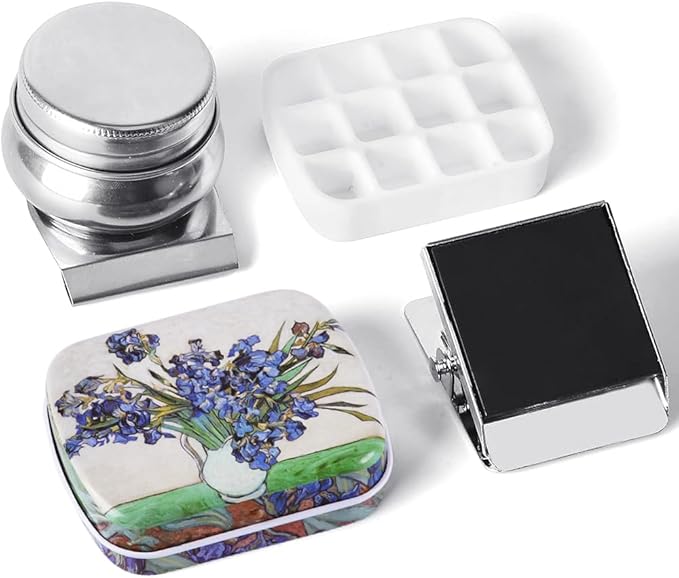 Portable Mini Tin Box 12-Well Empty Watercolor Palette Paint Mixing Tray is a Small Storage Travel Kit with Magnetic Clip and Oil Pot,Making it Outdoor Sketching and DIY Painting.Morning Glory