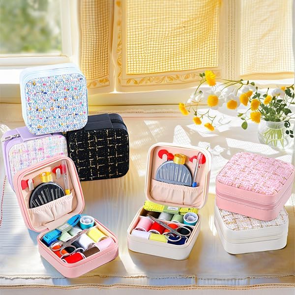Mini Sewing Kit in Stylish Leather Case – Complete Set with Scissors,Needles,Thread & More, Fashion Box for Store Jewelry– Perfect for Beginners & Travel (White)