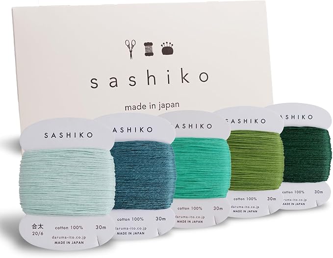 DARUMA Sashiko Thread 100% Cotton Card Type (32.8 yd) x 5 Colors with English Manual, Sewing & Embroidery Value Set with Gift Package(Thick, Komorebi)