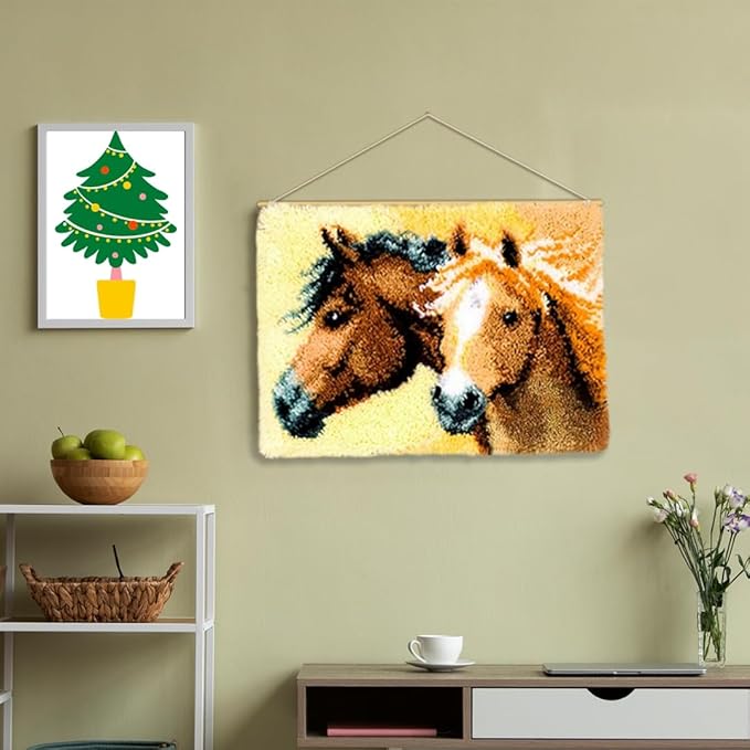 DL-YTG Latch Hook Kits Rug Couple Horse Crochet Yarn Cushion Colour Pre-Printed Canvas Cover Rug Needlework DIY Hook and Latch Kit Christmas Home Decoration 52x38cm/20 X15inch