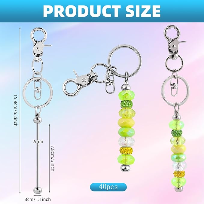 40 Pcs Beadable Keychains Bulk Kit – DIY Keychain Making Supplies with Metal Blanks for Crafts, Jewelry, Charms, Custom Projects – Blank Chain Bars for Beaded Keychain Design (Silver)