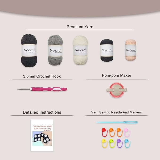 Noocro Complete Crochet Kit for Pom-Pom Granny Square Scarf Hood, DIY Yarn Kit, Detailed Instructions, Step by Step Video Tutorial, Beginner-Friendly, Intermediate Crocheter Craft Set (Pinky Ash)