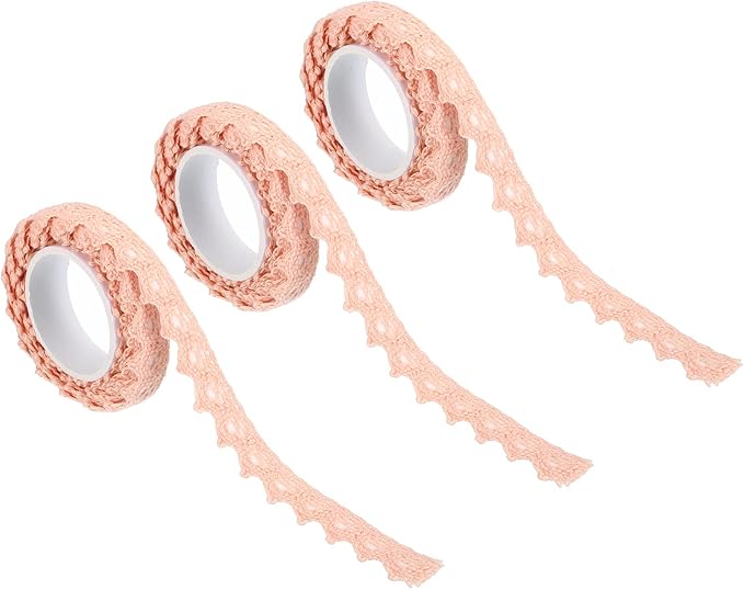 PATIKIL 0.6" Wide 2 Yards Self-Adhesive Lace Tape Lace Ribbon, 3 Pack Cotton Washi Trim Sticker Masking for Craft Scrapbooking DIY Card Making, Apricot Pink