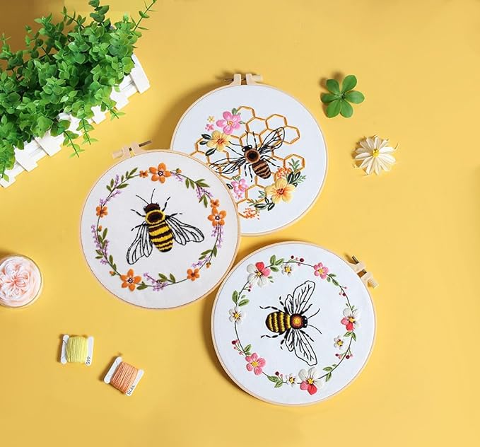 konrisa embroidery kits for adults beginner, european style bees collect honey stamped embroidery starter kit,diy sewing practice, needlepoint cross stitch kit,set of 3