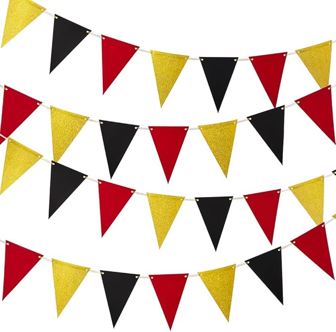 MOWO Gold Black and Red Pennant Banner Paper Bunting Hanging Decoration for Birthday Graduation Retirement New Year's Valentine's Day Party, Pack of 30 Counts Pennant, 20 feet