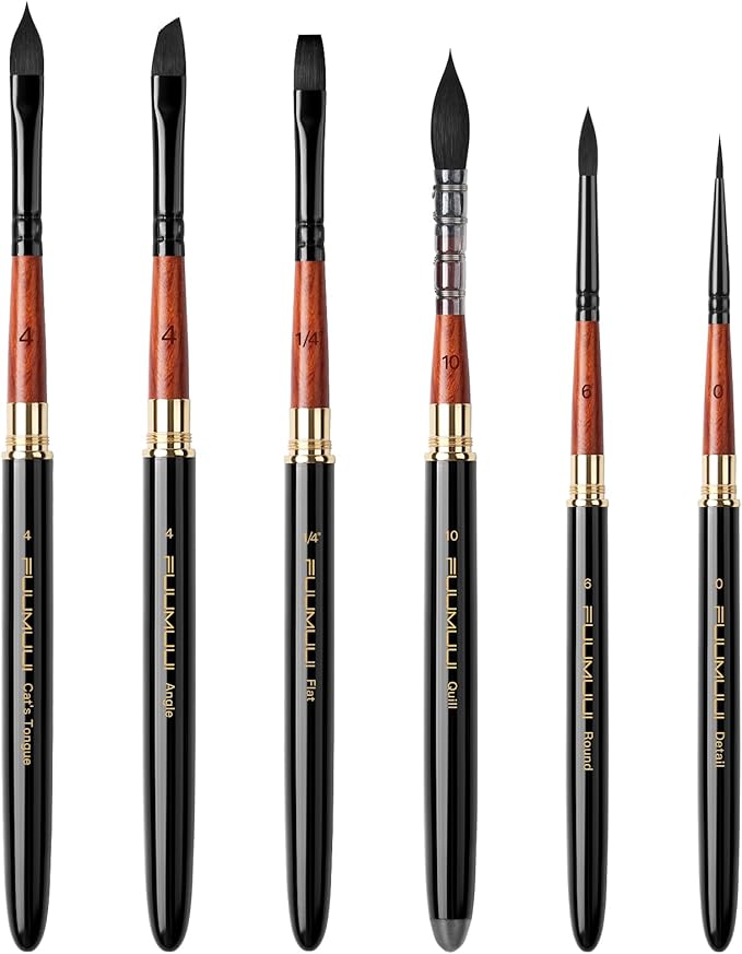 Travel Watercolor Brushes, Fuumuui Professional 6pcs Natural Soft Squirrel Hair Watercolor Travel Brush Set with Graphite Tip Pen Perfect for Watercolor Gouache Ink Painting