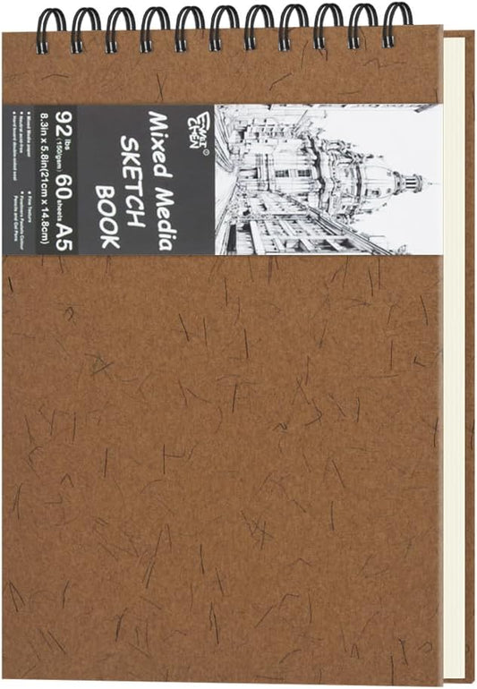 8.3" x 5.8" Hardcover Sketchbook, Top Spiral Bound Art Journal Sketchbook, 60 Sheets 92LB/150 GSM Acid-Free Drawing Neutral White Mixed Media Paper for Adults Beginners Artists.Coffee