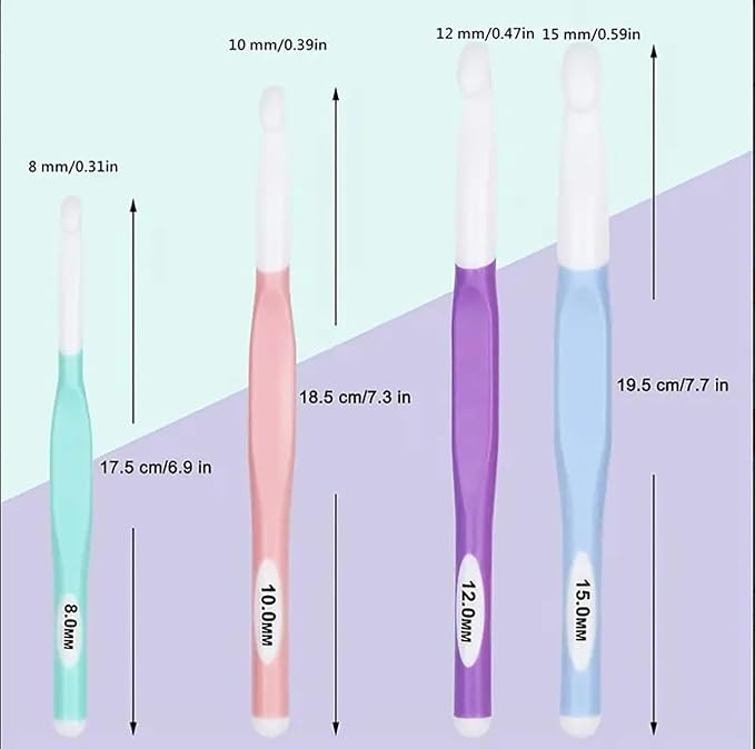 Large Sizes Crochet Hooks 8mm, 10mm, 12mm, 15mm Rubber Handle Crochet Hook 4PCS- Ergonomic Handle Crochet Hooks Weaving Tools for Knitting Blankets, Shawl and Carpet