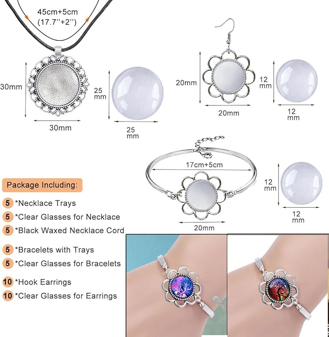 Pendant Trays Set for DIY Jewelry Crafts Making Supplies, Flower Glass Cabochon Pendant Bezel Trays Bracelet Blank Trays Earrings Charms for Gift