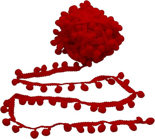 Homiest 10 Yards Pom Pom Trim for Sewing, 1 Inch Wide Red Ribbon Bundles Textured Fabric Fringe Ribbon, 13mm Ball Pompom Trim for DIY Crafts Curtain Clothes Pillow Home Decoration