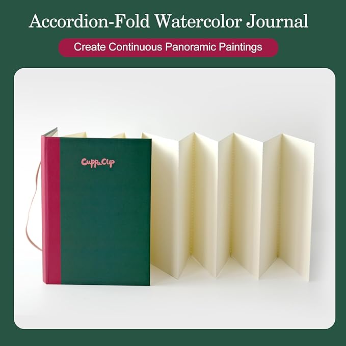CuppaClip Accordion Watercolour Sketchbook 300GSM Cotton Paper Art Supplies Hardback Concertina Watercolor Travel Journal (Dark Green, 5.3x7.6in)